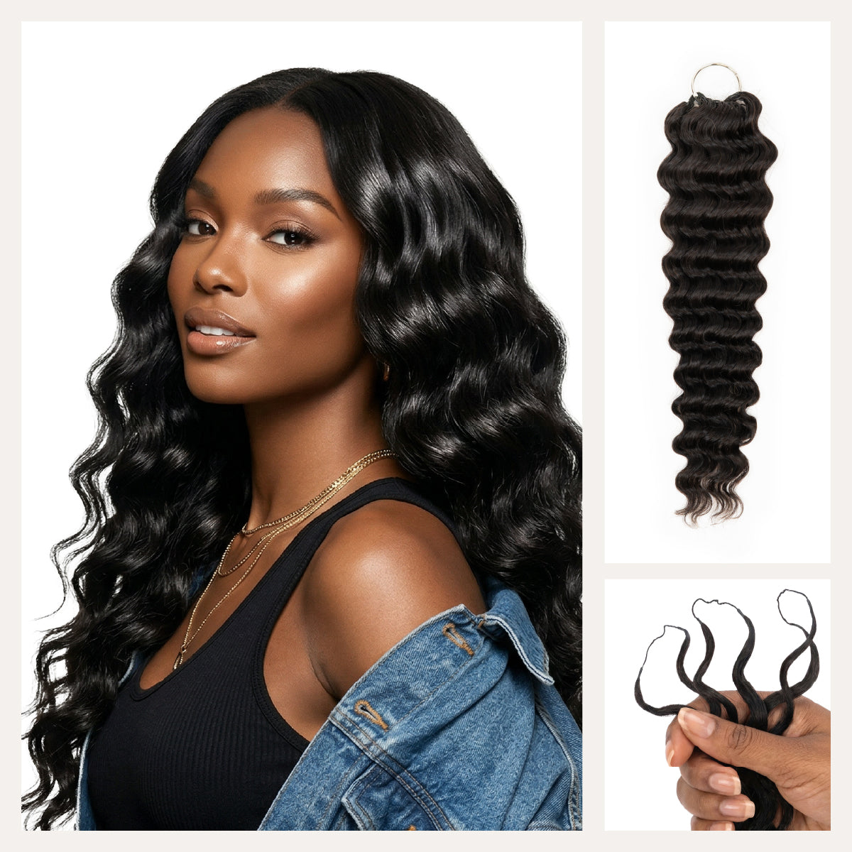 Chesed Hair Seamless Deep Wave Handmade Feather Crochet Braid Natural Black Human Hair Extensions
